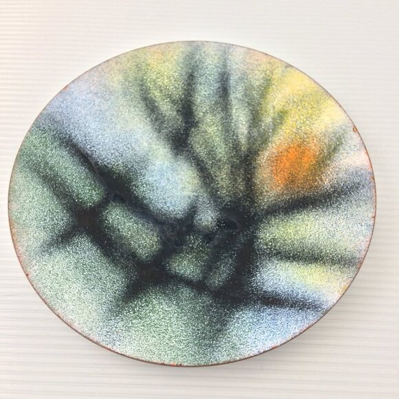 Vintage 1970 Enamel on Copper Handmade Signed Plate Dish Wall Art Landscape - Picture 1 of 10